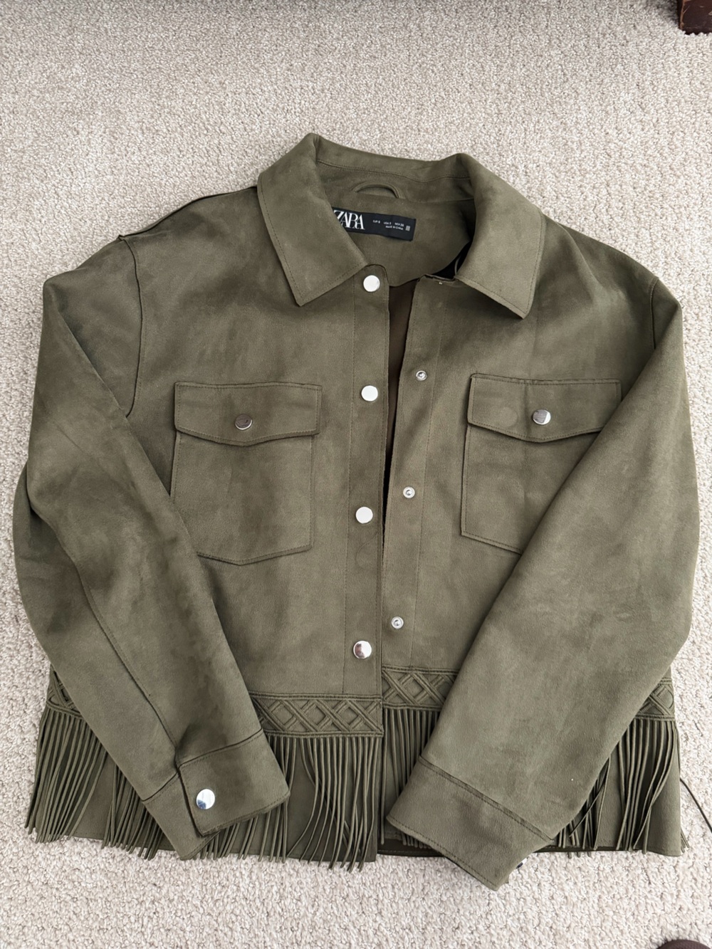 Zara Olive Green Fringe-Trim Jacket